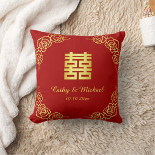 Rote und goldene florale chinesische Rosen-Tea-Zer Kissen