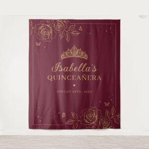 Rote und goldene florale Quinceañera Wandteppich