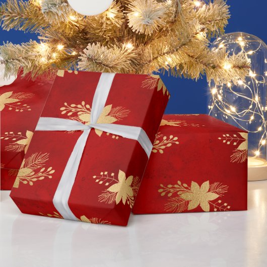Rote und goldene Fohlen Winterpoinsettia Geschenkpapier (Feiertage)