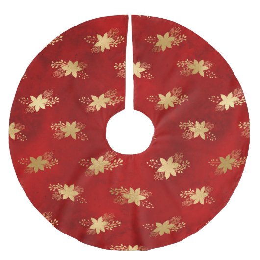 Rote und goldene Fohlen Winterpoinsettia Polyester Weihnachtsbaumdecke (Vorderseite)