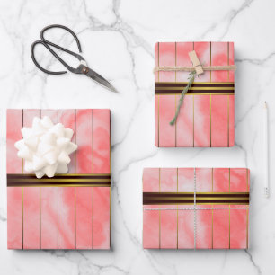 rote und goldene geometrische Streifen rosa Marmor Geschenkpapier Set