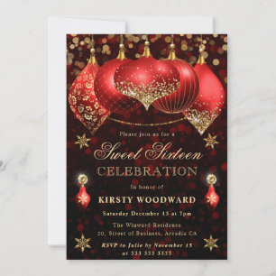 Rote und goldene Glitterkugeln Sweet Sixteen Einladung