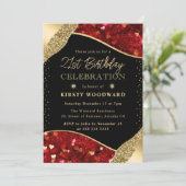 Rote und goldene Glitzer Herzens 21. Geburtstag Einladung (Stehend Vorderseite)