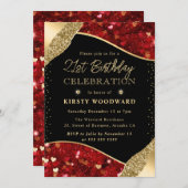 Rote und goldene Glitzer Herzens 21. Geburtstag Einladung (Vorne/Hinten)