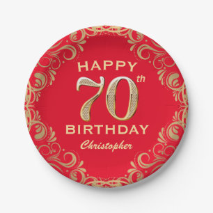 Rote und goldene Glitzer Rahmen der 70. Geburtstag Pappteller