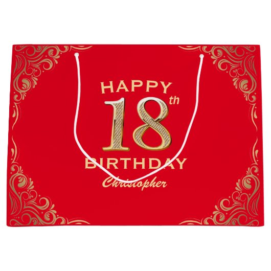 Rote und goldene Glitzer Rahmen für die 18. Geburt Große Geschenktüte (Vorderseite)
