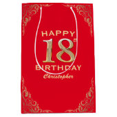 Rote und goldene Glitzer Rahmen für die 18. Geburt Mittlere Geschenktüte (Vorderseite)