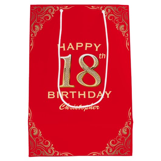 Rote und goldene Glitzer Rahmen für die 18. Geburt Mittlere Geschenktüte (Rückseite)