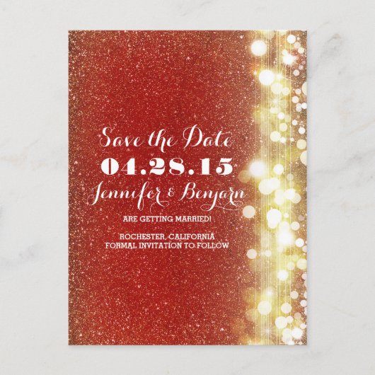 rote und goldene Glitzer-Saitenleuchten Save the D Ankündigungspostkarte (Vorderseite)
