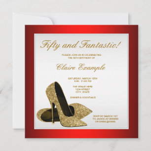 Rote und goldene High Heels Damen 50. Geburtstag Einladung