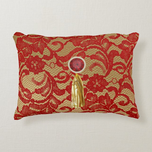 Rote und goldene Imitate Blumenlace Jewel & Gold T Zierkissen (Vorderseite)