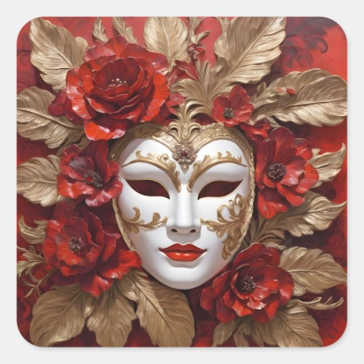 Rote und goldene Maske Quadratischer Aufkleber (Vorderseite)