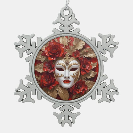 Rote und goldene Maske Schneeflocken Zinn-Ornament (Vorderseite)