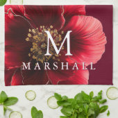 Rote und goldene, moderne Blumenmonogramm-Familie Geschirrtuch (Gefaltet)