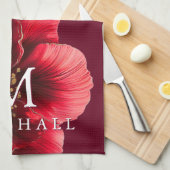 Rote und goldene, moderne Blumenmonogramm-Familie Geschirrtuch (Viertel Falte)