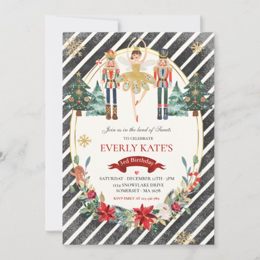 Rote und goldene Nutcracker Birthday Sugum Fairy Einladung (Vorderseite)