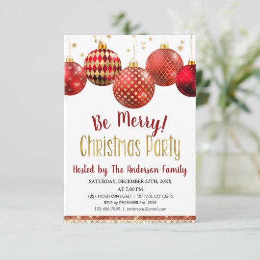 Rote und goldene Ornamente Weihnachtsfest Abendess Einladung (Stehend Vorderseite)