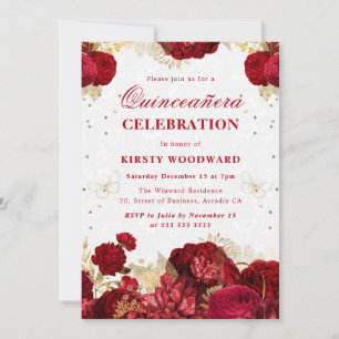 Rote und goldene Rose Blumenquinceanera Einladung