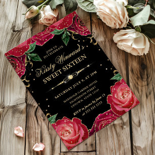 Rote und goldene Rosen Florale Sweet Sixteen Einladung