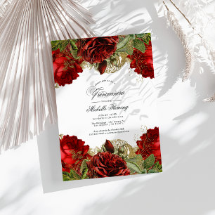 Rote und goldene Vintage-Rosen Quinceañera-Foto Einladung