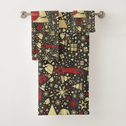Rote und goldene Weihnachtsbaum Schneeflocken und Badhandtuch Set (Insitu)