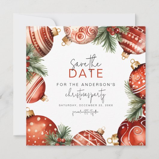 Rote und goldene Weihnachtsbaumschmuck Party Save The Date (Vorderseite)