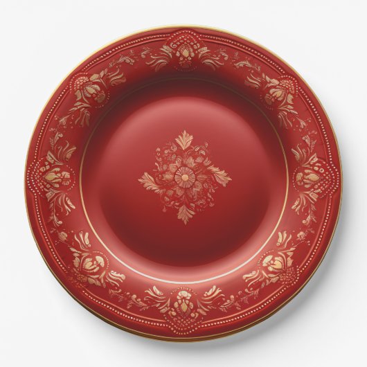 Rote und goldene Weihnachtsfeier Pappteller (Vorderseite)