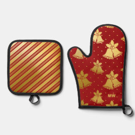 Rote und goldene Weihnachtsglocken Ofenhandschuh & Topflappen-Set