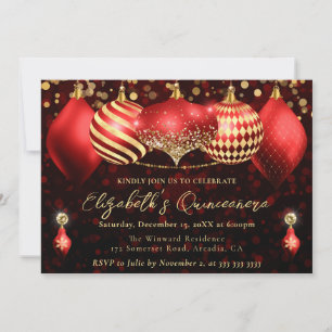 Rote und goldene Weihnachtskugeln Quinceanera Einladung