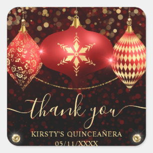 Rote und goldene Weihnachtskugeln Quinceanera Quadratischer Aufkleber