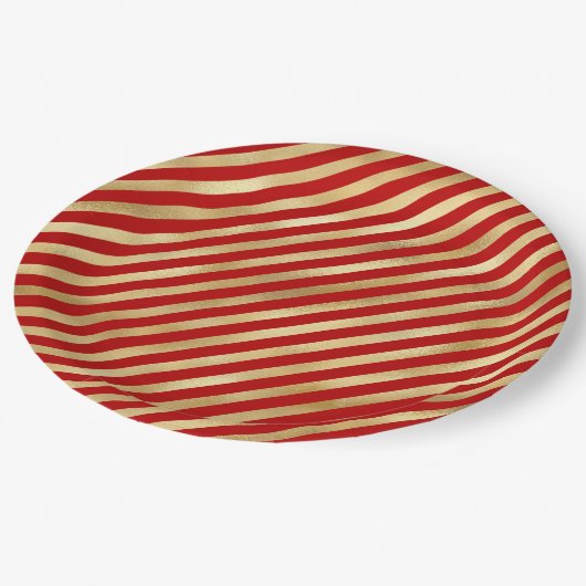Rote und goldfarbene Streifen Pappteller (Schrägansicht)