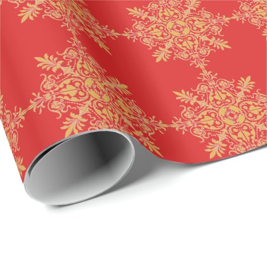 Rote und goldfarbene verzierte Brokatquadrate Geschenkpapier (Rolleneckpunkt)