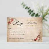 Rote und Goldprinzessin Elegante Hochzeit RSVP Karte (Stehend Vorderseite)