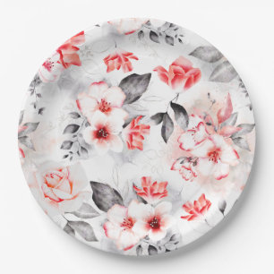 Rote und graue Aquarell-Blumen Brautparty Pappteller