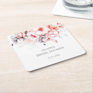 Rote und graue Aquarell-Blumen-Brautparty Rechteckiger Pappuntersetzer
