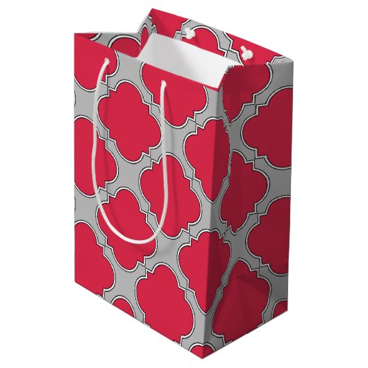 Rote und graue Quatrefolien Mittlere Geschenktüte (Rückseite Schrägansicht)