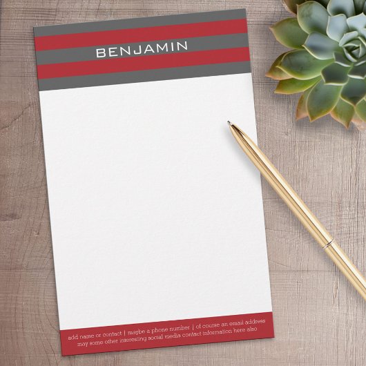 Rote und graue Rugby Streifen mit Individuelle Nam Briefpapier