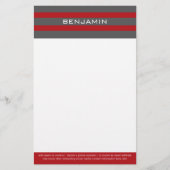 Rote und graue Rugby Streifen mit Individuelle Nam Briefpapier (Vorderseite)