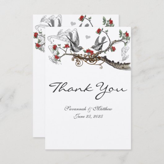 Rote und graue Vintage Vögel - Einladung zur Hochz (Vorne/Hinten)