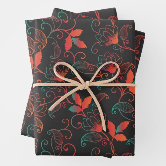 Rote und grüne Abstrakte Blüte im Schwarzen Hinter Geschenkpapier Set (Beispiel)