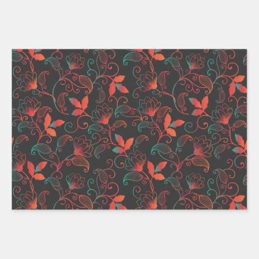 Rote und grüne Abstrakte Blüte im Schwarzen Hinter Geschenkpapier Set (Vorderseite)