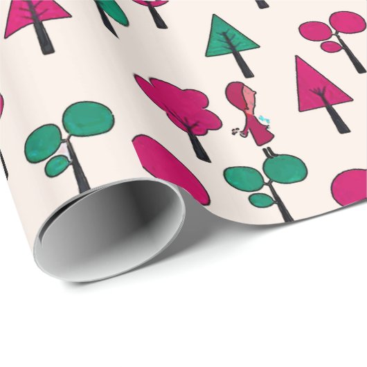Rote und grüne Bäume mit Mädchen Geschenkpapier (Rolleneckpunkt)
