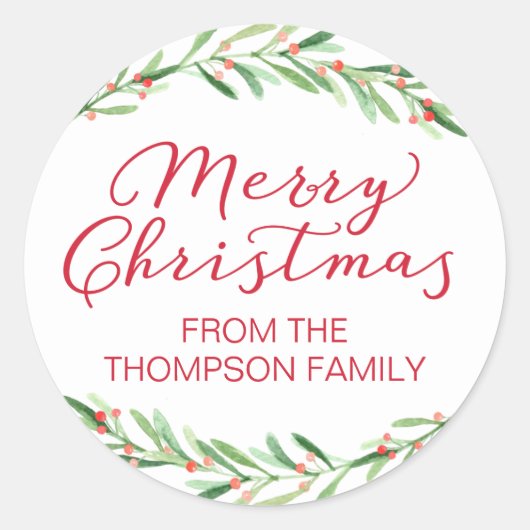 Rote und grüne Branch Frohe Weihnachtskleber Runder Aufkleber (Vorderseite)