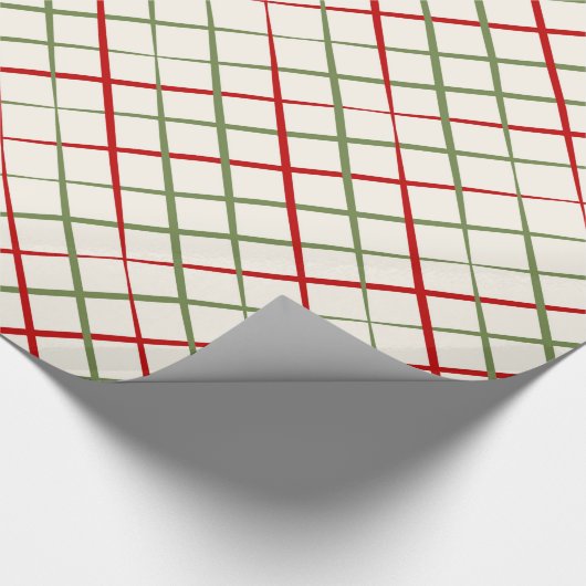 Rote und grüne Crosshatch Kariert auf Creme Geschenkpapier (Ecke)