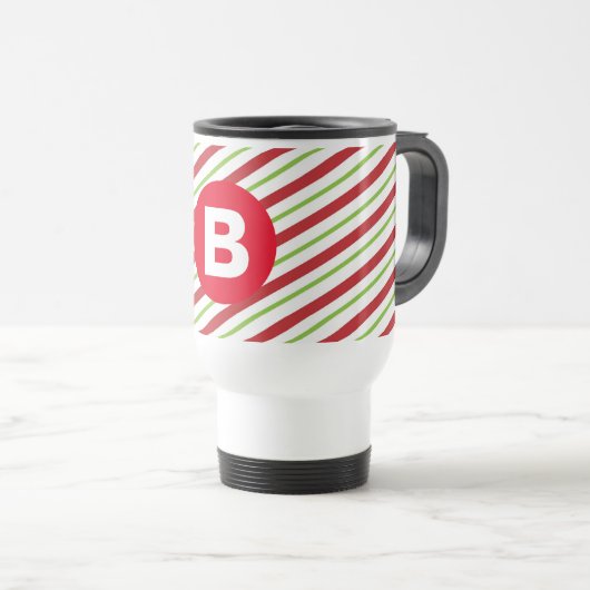 Rote und grüne diagonale Pinstreifen-Monogramm Reisebecher (VorderseiteRechts)