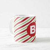 Rote und grüne diagonale Pinstripes-Monogramm Kaffeetasse (Vorderseite Links)