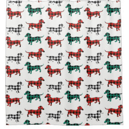 Rote und grüne Flanell-Dackel Kariert Duschvorhang
