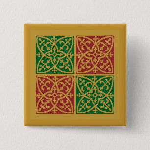 Rote und grüne Fliesen Kunst auf goldenem Muster Button