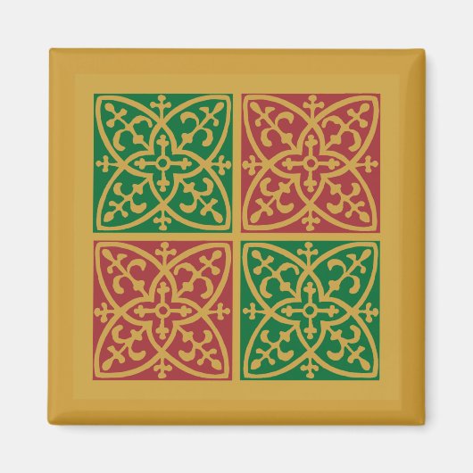 Rote und grüne Fliesenkunst auf Goldenem Muster Magnet (Vorne)