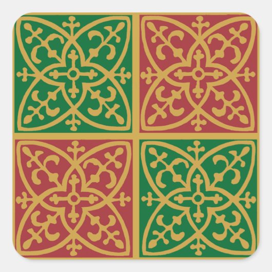 Rote und grüne Fliesenkunst auf Goldenem Muster Quadratischer Aufkleber (Vorderseite)